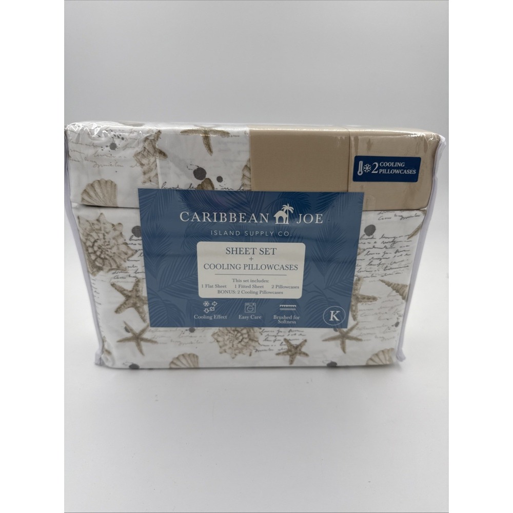 Caribbean Joe Shell Notes Taupe 6-Piece King Sheet Set w Cooling Pillowcases New
